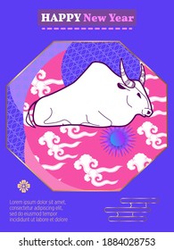 Cover template set with Patterns in Modern Style geometric ornate shapes. Visual drawing of ad poster to Happy new year or Chinese new year banner with bull.