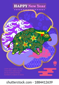 Cover template set with Patterns in Modern Style geometric ornate shapes. Visual drawing of ad poster to Happy new year or Chinese new year banner with bull.