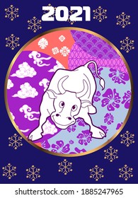 Cover template set with Patterns in Modern Style geometric ornate shapes. Visual drawing of ad poster to Happy new year or Chinese new year banner with bull.