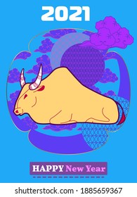 Cover template set with Patterns in Modern Style geometric ornate shapes. Visual drawing of ad poster to Happy new year or Chinese new year banner with bull.