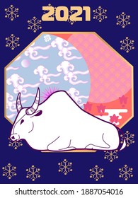 Plantilla de portada con Patrones en formas geométricas ornadas de estilo moderno. Dibujo visual de afiche de anuncios a Feliz Año Nuevo o banner chino de año nuevo con toro.