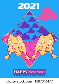 Cover template set with Patterns in Modern Style geometric ornate shapes. Visual drawing of ad poster to Happy new year or Chinese new year banner with bull.