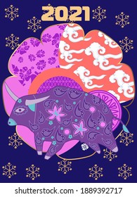 Cover template set with Patterns in Modern Style geometric ornate shapes. Visual drawing of ad poster to Happy new year or Chinese new year banner with bull.
