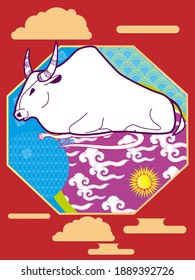 Cover template set with Patterns in Modern Style geometric ornate shapes. Visual drawing of ad poster to Happy new year or Chinese new year banner with bull.