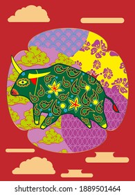 Cover template set with Patterns in Modern Style geometric ornate shapes. Visual drawing of ad poster to Happy new year or Chinese new year banner with bull.