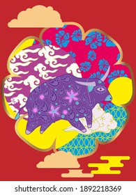 Cover template set with Patterns in Modern Style geometric ornate shapes. Visual drawing of ad poster to Happy new year or Chinese new year banner with bull.