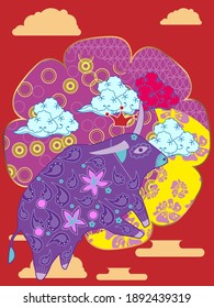 Cover template set with Patterns in Modern Style geometric ornate shapes. Visual drawing of ad poster to Happy new year or Chinese new year banner with bull.