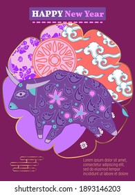Cover template set with Patterns in Modern Style geometric ornate shapes. Visual drawing of ad poster to Happy new year or Chinese new year banner with bull.
