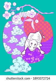 Cover template set with Patterns in Modern Style geometric ornate shapes. Visual drawing of ad poster to Happy new year or Chinese new year banner with bull.