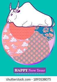 Titelvorlage mit Mustern in geometrischen Formen im modernen Stil. Visuelle Zeichnung von Werbeplakat für Happy neues Jahr oder chinesischer Neujahrsbanner mit Stier.