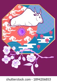 Cover template set with Patterns in Modern Style geometric ornate shapes. Visual drawing of ad poster to Happy new year or Chinese new year banner with bull.