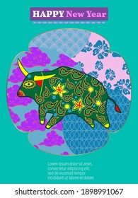 Cover template set with Patterns in Modern Style geometric ornate shapes. Visual drawing of ad poster to Happy new year or Chinese new year banner with bull.