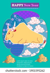 Cover template set with Patterns in Modern Style geometric ornate shapes. Visual drawing of ad poster to Happy new year or Chinese new year banner with bull.