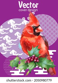 Cover template set with Patterns in Modern Style geometric ornate shapes with Cardinal bird. Cardinal bird - a symbol of Christmas.Visual drawing of ad poster to Happy new year or banner.