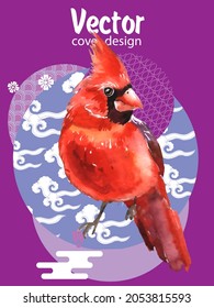 Cover template set with Patterns in Modern Style geometric ornate shapes with Cardinal bird. Cardinal bird - a symbol of Christmas.Visual drawing of ad poster to Happy new year or banner.