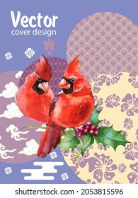 Cover template set with Patterns in Modern Style geometric ornate shapes with Cardinal bird. Cardinal bird - a symbol of Christmas.Visual drawing of ad poster to Happy new year or banner.