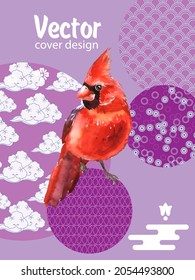 Cover template set with Patterns in Modern Style geometric ornate shapes with Cardinal bird. Cardinal bird - a symbol of Christmas.Visual drawing of ad poster to Happy new year or banner.
