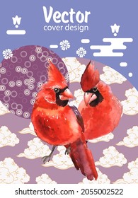 Cover template set with Patterns in Modern Style geometric ornate shapes with Cardinal bird. Cardinal bird - a symbol of Christmas.Visual drawing of ad poster to Happy new year or banner.