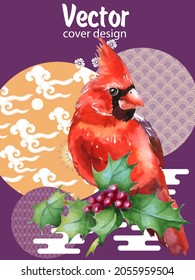 Cover template set with Patterns in Modern Style geometric ornate shapes with Cardinal bird. Cardinal bird - a symbol of Christmas.Visual drawing of ad poster to Happy new year or banner.