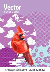 Cover template set with Patterns in Modern Style geometric ornate shapes with Cardinal bird. Cardinal bird - a symbol of Christmas.Visual drawing of ad poster to Happy new year or banner.
