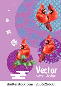 Cover template set with Patterns in Modern Style geometric ornate shapes with Cardinal bird. Cardinal bird - a symbol of Christmas.Visual drawing of ad poster to Happy new year or banner.