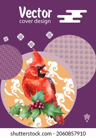Cover template set with Patterns in Modern Style geometric ornate shapes with Cardinal bird. Cardinal bird - a symbol of Christmas.Visual drawing of ad poster to Happy new year or banner.