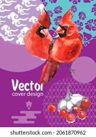 Cover template set with Patterns in Modern Style geometric ornate shapes with Cardinal bird. Cardinal bird - a symbol of Christmas.Visual drawing of ad poster to Happy new year or banner.