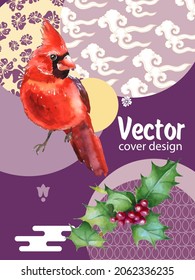 Cover template set with Patterns in Modern Style geometric ornate shapes with Cardinal bird. Cardinal bird - a symbol of Christmas.Visual drawing of ad poster to Happy new year or banner.