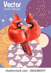 Cover template set with Patterns in Modern Style geometric ornate shapes with Cardinal bird. Cardinal bird - a symbol of Christmas.Visual drawing of ad poster to Happy new year or banner.