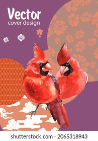 Cover template set with Patterns in Modern Style geometric ornate shapes with Cardinal bird. Cardinal bird - a symbol of Christmas.Visual drawing of ad poster to Happy new year or banner.