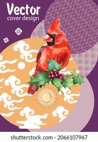 Cover template set with Patterns in Modern Style geometric ornate shapes with Cardinal bird. Cardinal bird - a symbol of Christmas.Visual drawing of ad poster to Happy new year or banner.
