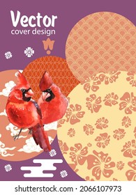 Cover template set with Patterns in Modern Style geometric ornate shapes with Cardinal bird. Cardinal bird - a symbol of Christmas.Visual drawing of ad poster to Happy new year or banner.