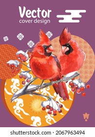 Cover template set with Patterns in Modern Style geometric ornate shapes with Cardinal bird. Cardinal bird - a symbol of Christmas.Visual drawing of ad poster to Happy new year or banner.