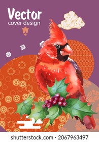 Cover template set with Patterns in Modern Style geometric ornate shapes with Cardinal bird. Cardinal bird - a symbol of Christmas.Visual drawing of ad poster to Happy new year or banner.