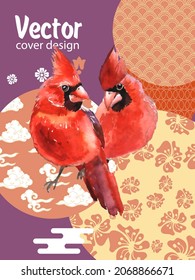 Cover template set with Patterns in Modern Style geometric ornate shapes with Cardinal bird. Cardinal bird - a symbol of Christmas.Visual drawing of ad poster to Happy new year or banner.