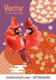 Cover template set with Patterns in Modern Style geometric ornate shapes with Cardinal bird. Cardinal bird - a symbol of Christmas.Visual drawing of ad poster to Happy new year or banner.