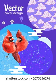Cover template set with Patterns in Modern Style geometric ornate shapes with Cardinal bird. Cardinal bird - a symbol of Christmas.Visual drawing of ad poster to Happy new year or banner.