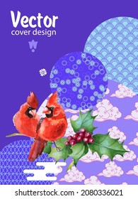Cover template set with Patterns in Modern Style geometric ornate shapes with Cardinal bird. Cardinal bird - a symbol of Christmas.Visual drawing of ad poster to Happy new year or banner.