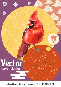 Cover template set with Patterns in Modern Style geometric ornate shapes with Cardinal bird. Cardinal bird - a symbol of Christmas.Visual drawing of ad poster to Happy new year or banner.