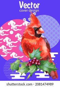 Cover template set with Patterns in Modern Style geometric ornate shapes with Cardinal bird. Cardinal bird - a symbol of Christmas.Visual drawing of ad poster to Happy new year or banner.