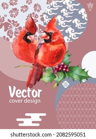 Cover template set with Patterns in Modern Style geometric ornate shapes with Cardinal bird. Cardinal bird - a symbol of Christmas.Visual drawing of ad poster to Happy new year or banner.