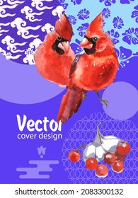 Cover template set with Patterns in Modern Style geometric ornate shapes with Cardinal bird. Cardinal bird - a symbol of Christmas.Visual drawing of ad poster to Happy new year or banner.