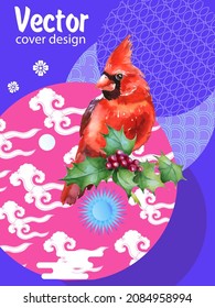 Cover template set with Patterns in Modern Style geometric ornate shapes with Cardinal bird. Cardinal bird - a symbol of Christmas.Visual drawing of ad poster to Happy new year or banner.
