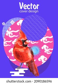 Cover template set with Patterns in Modern Style geometric ornate shapes with Cardinal bird. Visual drawing of ad poster or banner.