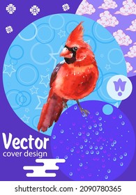 Cover template set with Patterns in Modern Style geometric ornate shapes with Cardinal bird. Visual drawing of ad poster or banner.