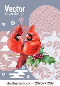 Cover template set with Patterns in Modern Style geometric ornate shapes with Cardinal bird. Visual drawing of ad poster or banner.