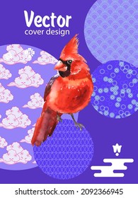 Cover template set with Patterns in Modern Style geometric ornate shapes with Cardinal bird. Visual drawing of ad poster or banner.