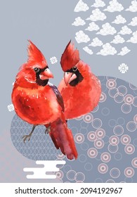 Cover template set with Patterns in Modern Style geometric ornate shapes with Cardinal bird. Visual drawing of ad poster or banner.