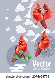 Cover template set with Patterns in Modern Style geometric ornate shapes with Cardinal bird. Visual drawing of ad poster or banner.