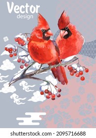 Cover template set with Patterns in Modern Style geometric ornate shapes with Cardinal bird. Visual drawing of ad poster or banner.